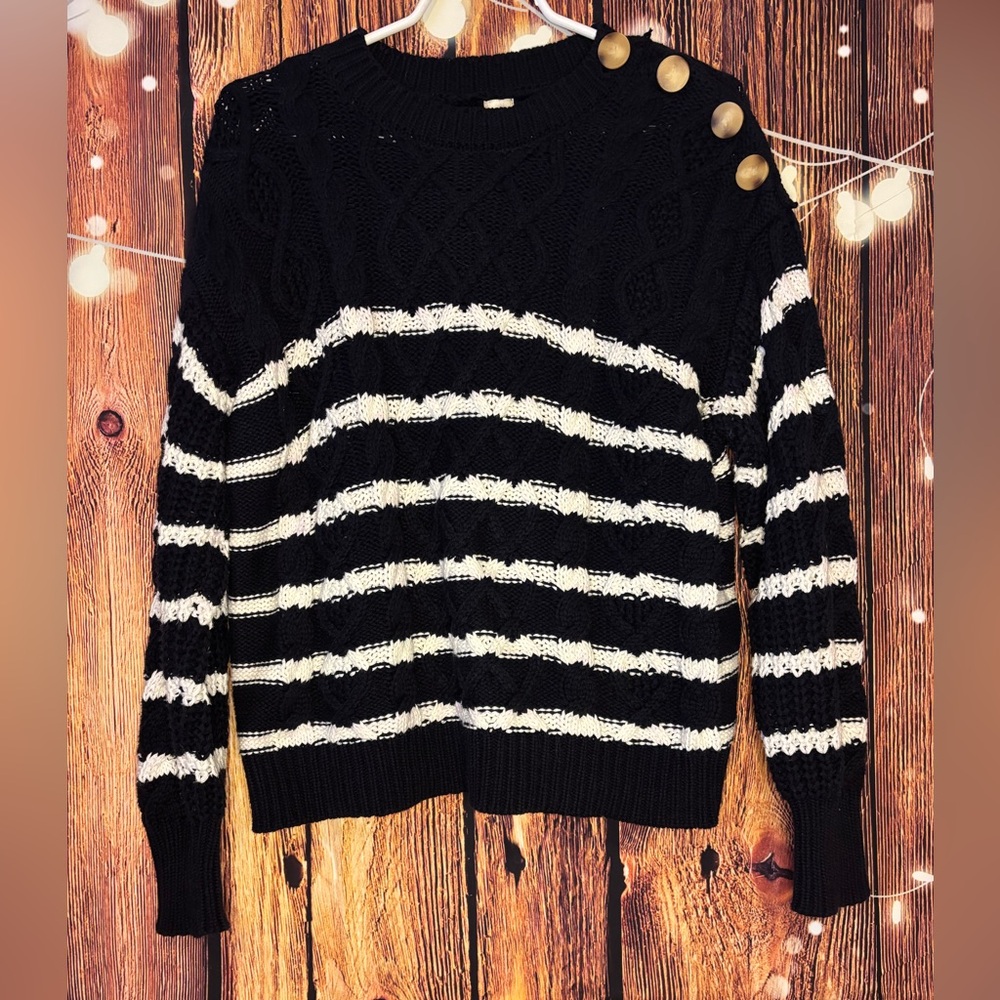 Autres Filles Navy and White Cable Knit Sweater with Button Detail